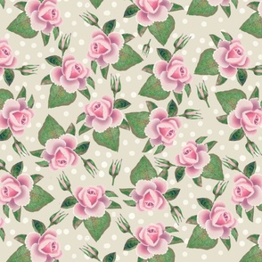 Shaded pink cottage full bloom roses and buds pearl white spotted background 