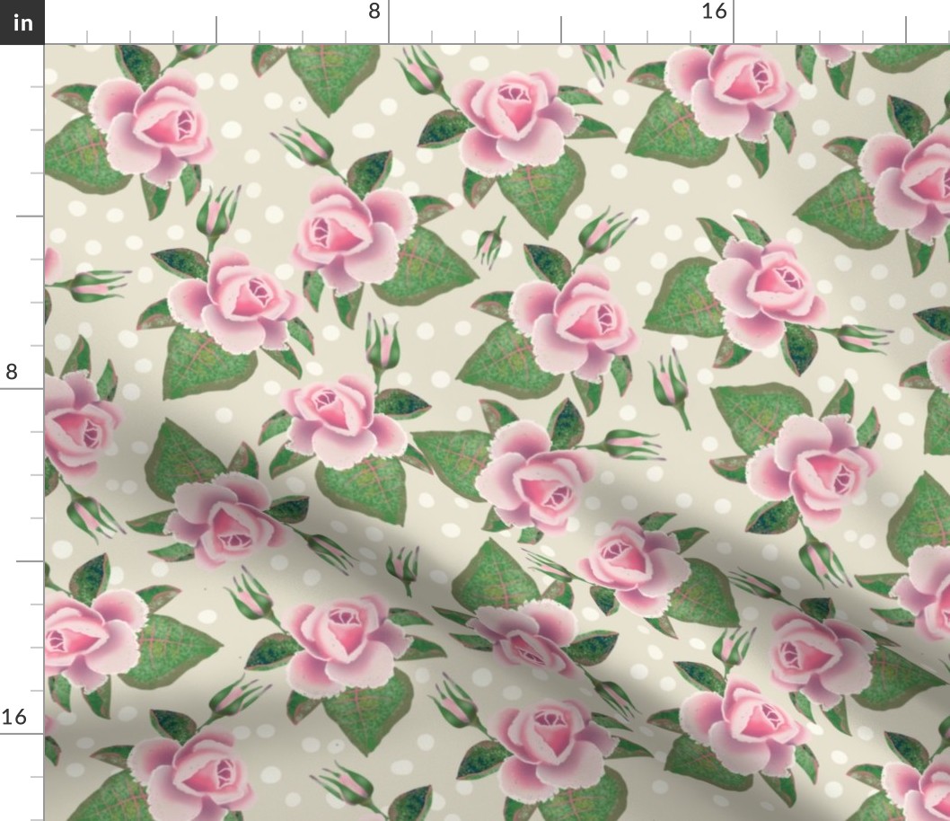 Shaded pink cottage full bloom roses and buds pearl white spotted background 