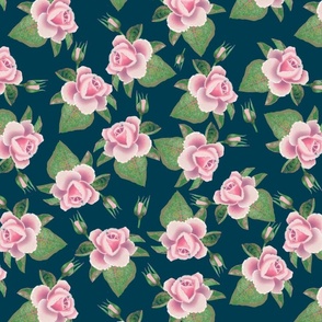 Shaded pink cottage full bloom roses and buds Prussian blue dark background 