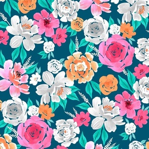 Bold Watercolour Pink and Orange Roses on Teal Background
