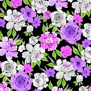 Bold Watercolour Purple and White Roses on Black Background