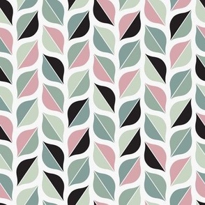 Soft pastel pink and green with black ogees geometric mosaic design on a white background.