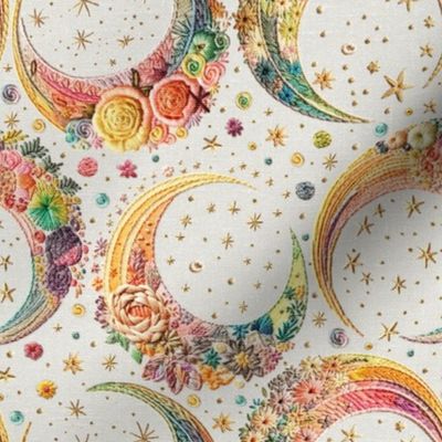 Pastel Rainbow Crescent Moon Embroidery Beige BG - Medium Scale