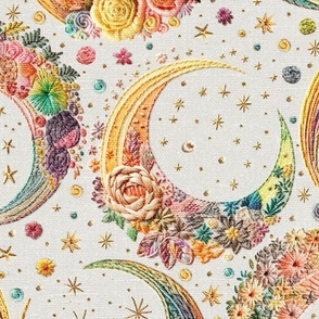 Pastel Rainbow Crescent Moon Embroidery Beige BG - XL Scale