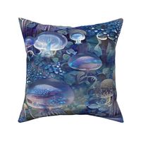 surrealism, mushrooms, jellyfish, blue, luminous