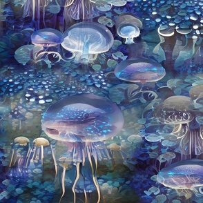 surrealism, mushrooms, jellyfish, blue, luminous