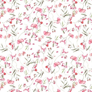 14" A beautiful cute pink midsummer flower garden with pink wildflowers peas,and grasses on white background-for home decor Baby Girl   and  nursery fabric perfect for kidsroom wallpaper,kids room