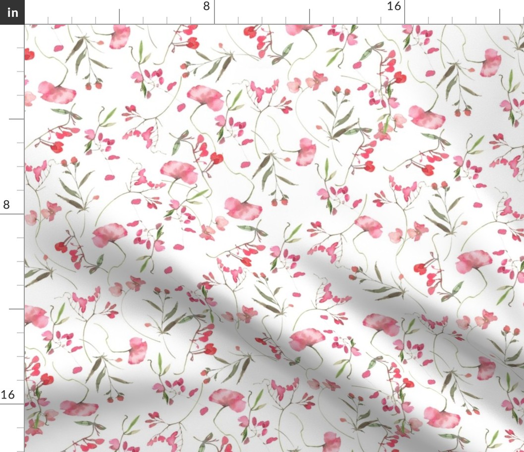 14" A beautiful cute pink midsummer flower garden with pink wildflowers peas,and grasses on white background-for home decor Baby Girl   and  nursery fabric perfect for kidsroom wallpaper,kids room