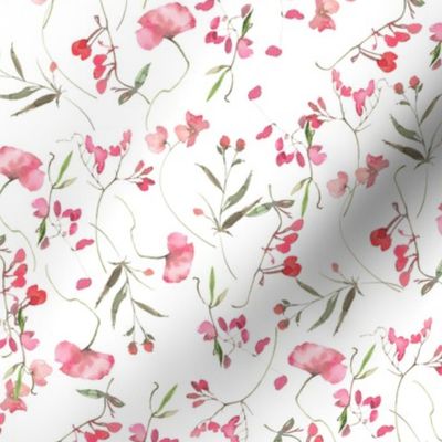 10" A beautiful cute pink midsummer flower garden with pink wildflowers peas,and grasses on white background-for home decor Baby Girl   and  nursery fabric perfect for kidsroom wallpaper,kids room