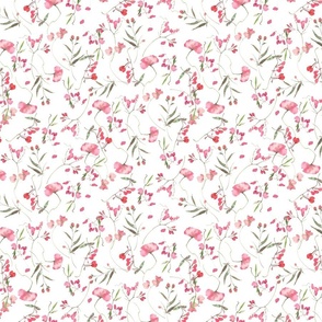 10" A beautiful cute pink midsummer flower garden with pink wildflowers peas,and grasses on white background-for home decor Baby Girl   and  nursery fabric perfect for kidsroom wallpaper,kids room
