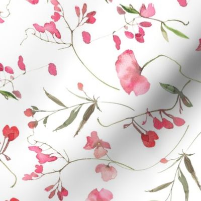 Turned left 18" A beautiful cute pink midsummer flower garden with pink wildflowers peas,and grasses on white background-for home decor Baby Girl   and  nursery fabric perfect for kidsroom wallpaper,kids room