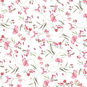 Turned left 18" A beautiful cute pink midsummer flower garden with pink wildflowers peas,and grasses on white background-for home decor Baby Girl   and  nursery fabric perfect for kidsroom wallpaper,kids room