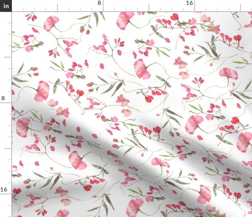 Turned left 18" A beautiful cute pink midsummer flower garden with pink wildflowers peas,and grasses on white background-for home decor Baby Girl   and  nursery fabric perfect for kidsroom wallpaper,kids room