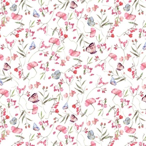 14" A beautiful cute pink midsummer flower garden with butterflies and pink wildflowers peas,and grasses on white background-for home decor Baby Girl   and  nursery fabric perfect for kidsroom wallpaper,kids room