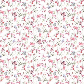 10" A beautiful cute pink midsummer flower garden with butterflies and pink wildflowers peas,and grasses on white background-for home decor Baby Girl   and  nursery fabric perfect for kidsroom wallpaper,kids room