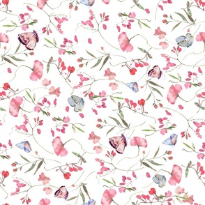 Turned left 18" A beautiful cute pink midsummer flower garden with butterflies and pink wildflowers peas,and grasses on white background-for home decor Baby Girl   and  nursery fabric perfect for kidsroom wallpaper,kids room