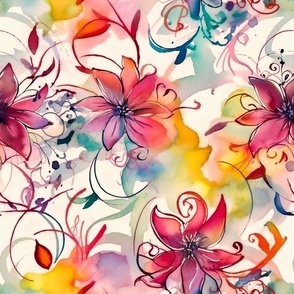 Large Scale Summery Flowers and Swirls in Rainbow Colors