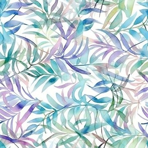 Green Blue & Purple Watercolor Leaves on White Background Large Scale