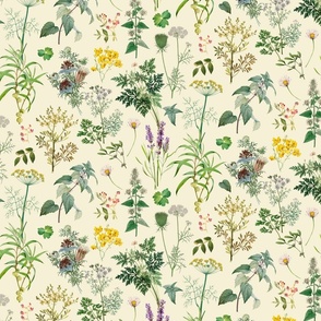 Herbs And Wildflower Vintage Botanical Floral Pattern On Beige Smaller Scale