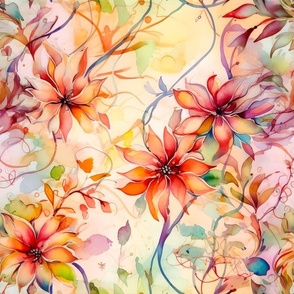Summery Flowers & Vines - Large Scale Floral Watercolor Painting 