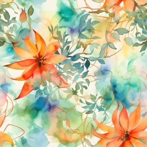 Large Orange Flowers on Green Watercolor Background