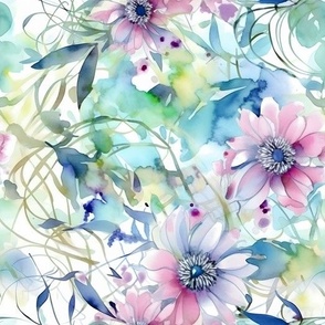 Flowers Elegant Watercolor - Purple & Green Floral Print