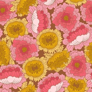 Vintage Chrysanthemum Overlapping Flowers in Pink and Yellow 