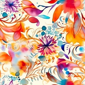 Floral Watercolor Doodles in Vibrant Orange and Blue