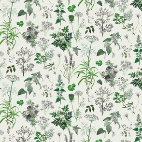 Herbs And Wildflower Vintage Botanical Floral Pattern Green Grey Smaller Scale