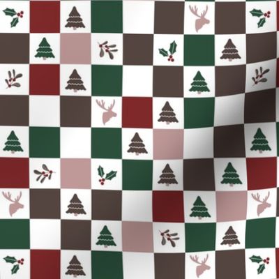 Christmas winter wonderland checkerboard with mistletoe moose and trees pine green burgundy blush