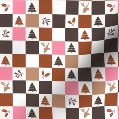 Christmas winter wonderland checkerboard with mistletoe moose and trees seventies vintage palette brown rust pink