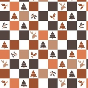 Christmas winter wonderland checkerboard with mistletoe moose and trees seventies orange brown