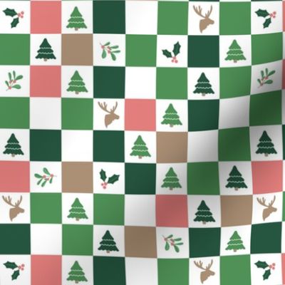 Christmas winter wonderland checkerboard with mistletoe moose and trees kelly green pink