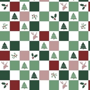 Christmas winter wonderland checkerboard with mistletoe moose and trees burgundy beige green