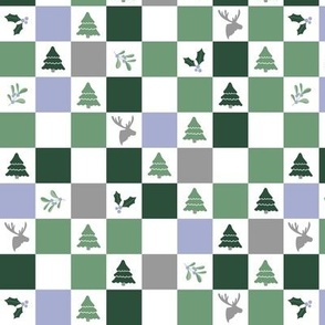 Christmas winter wonderland checkerboard with mistletoe moose and trees lilac green