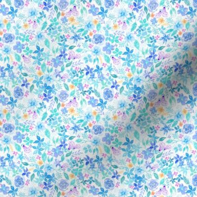 loose watercolour, watercolor flowers  pastel blue and turquoise green spring floral  for fabric, wallpaper miniature for dollshouse