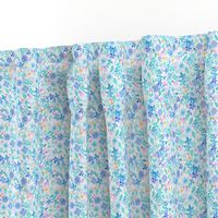 loose watercolour, watercolor flowers  pastel blue and turquoise green spring floral  for fabric, wallpaper miniature for dollshouse