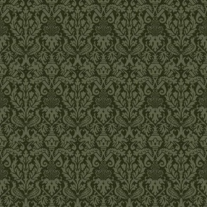 Medieval Damask with Birds and Serpents, dark olive green, doll-scale
