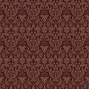 Medieval Damask with Birds and Serpents, maroon red, doll-scale