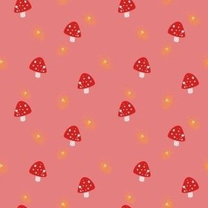 Happy Dancing Magic Fairy Mushrooms with Golden Fireflies in Rose Red