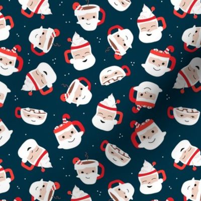 Sweet cutesy santa - retro style Christmas mugs with hot chocolate coffee candy canes and marshmallows on navy blue 