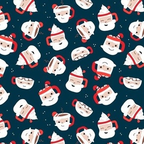 Sweet cutesy santa - retro style Christmas mugs with hot chocolate coffee candy canes and marshmallows on navy blue 