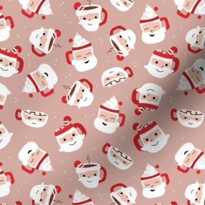 Sweet cutesy santa - retro style Christmas mugs with hot chocolate coffee candy canes and marshmallows on tan 