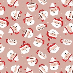 Sweet cutesy santa - retro style Christmas mugs with hot chocolate coffee candy canes and marshmallows on tan 