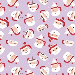 Sweet cutesy santa - retro style Christmas mugs with hot chocolate coffee candy canes and marshmallows on pastel lilac 