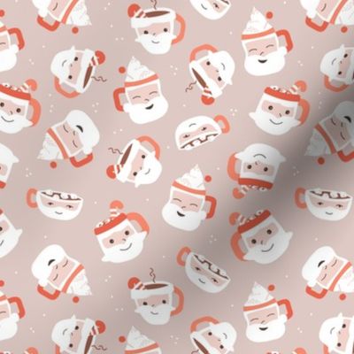 Sweet cutesy santa - retro style Christmas mugs with hot chocolate coffee candy canes and marshmallows vintage orange on tan 