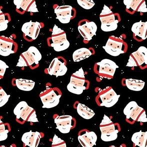 Sweet cutesy santa - retro style Christmas mugs with hot chocolate coffee candy canes and marshmallows on black 