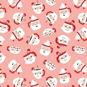 Sweet cutesy santa - retro style Christmas mugs with hot chocolate coffee candy canes and marshmallows on blush pink 