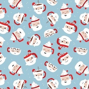 Sweet cutesy santa - retro style Christmas mugs with hot chocolate coffee candy canes and marshmallows on baby blue 