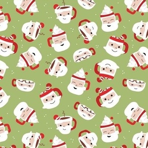 Sweet cutesy santa - retro style Christmas mugs with hot chocolate coffee candy canes and marshmallows on matcha green 